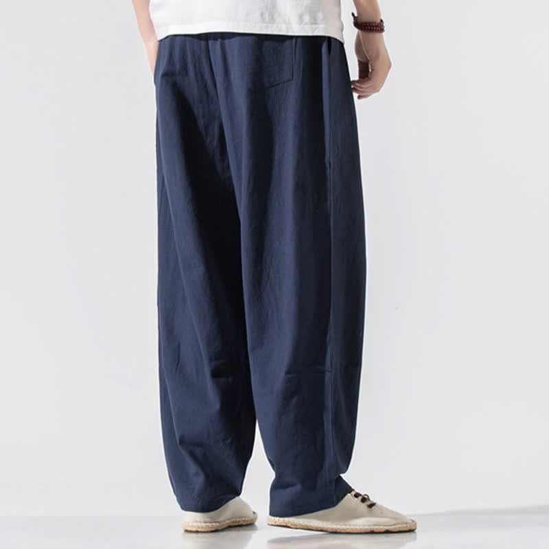 Buddha Stones Pantaloni lunghi estivi casual minimalisti da uomo con coulisse e elastico in vita, tinta unita, modello harem con tasche. - image 17