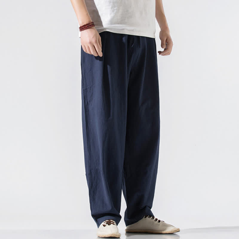Buddha Stones Pantaloni lunghi estivi casual minimalisti da uomo con coulisse e elastico in vita, tinta unita, modello harem con tasche. - image 16