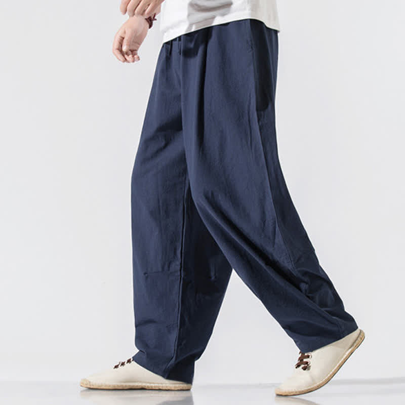 Buddha Stones Pantaloni lunghi estivi casual minimalisti da uomo con coulisse e elastico in vita, tinta unita, modello harem con tasche. - image 19