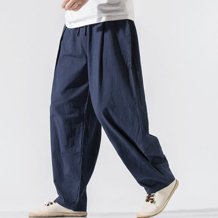 Buddha Stones Pantaloni lunghi estivi casual minimalisti da uomo con coulisse e elastico in vita, tinta unita, modello harem con tasche. - image 15