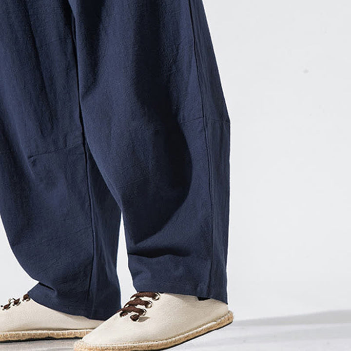 Buddha Stones Pantaloni lunghi estivi casual minimalisti da uomo con coulisse e elastico in vita, tinta unita, modello harem con tasche. - image 23