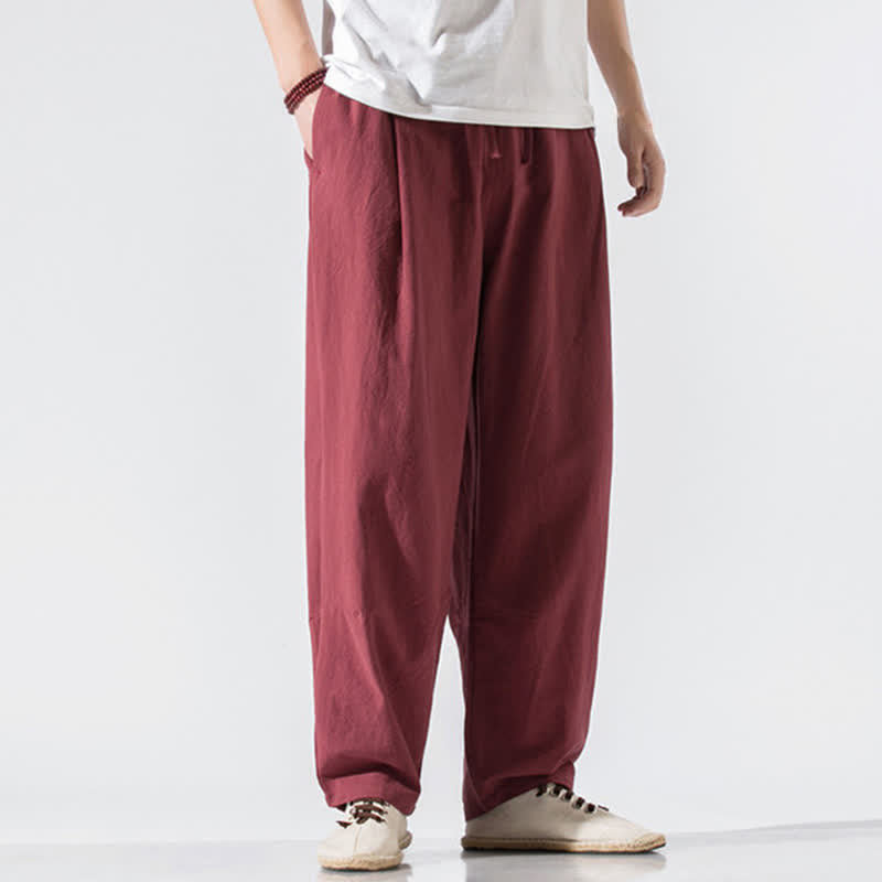 Buddha Stones Pantaloni lunghi estivi casual minimalisti da uomo con coulisse e elastico in vita, tinta unita, modello harem con tasche. - Marrone - US/UK/AU46, EU56 (5XL) - image 24