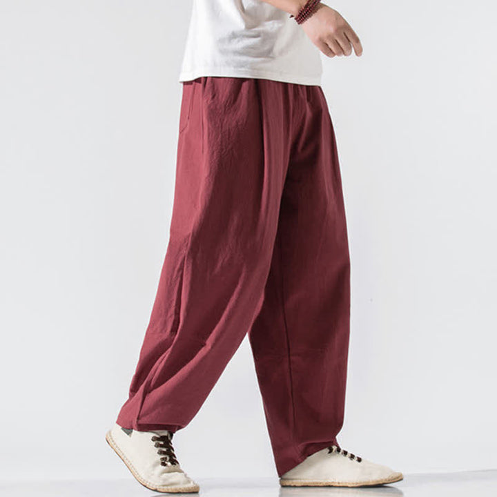Buddha Stones Pantaloni lunghi estivi casual minimalisti da uomo con coulisse e elastico in vita, tinta unita, modello harem con tasche. - image 26