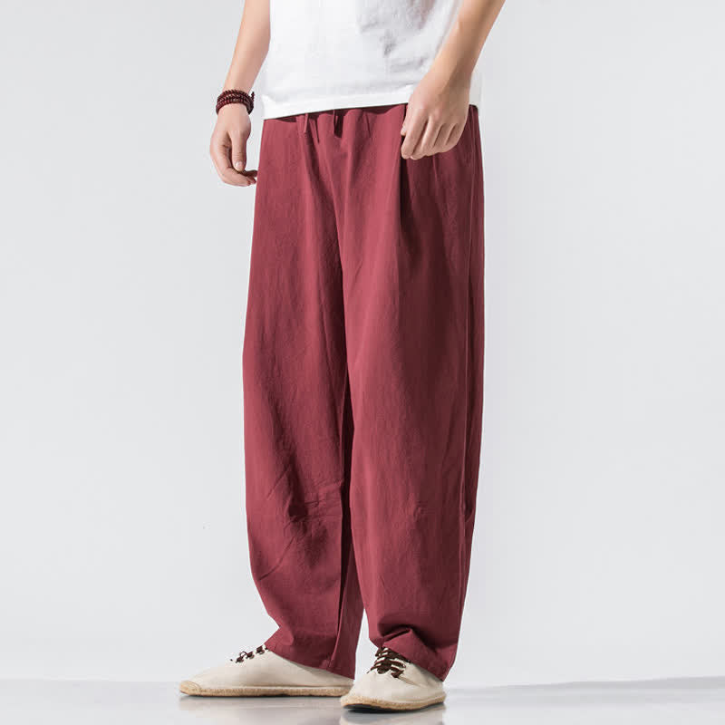 Buddha Stones Pantaloni lunghi estivi casual minimalisti da uomo con coulisse e elastico in vita, tinta unita, modello harem con tasche. - image 25