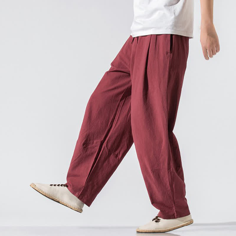 Buddha Stones Pantaloni lunghi estivi casual minimalisti da uomo con coulisse e elastico in vita, tinta unita, modello harem con tasche. - image 29