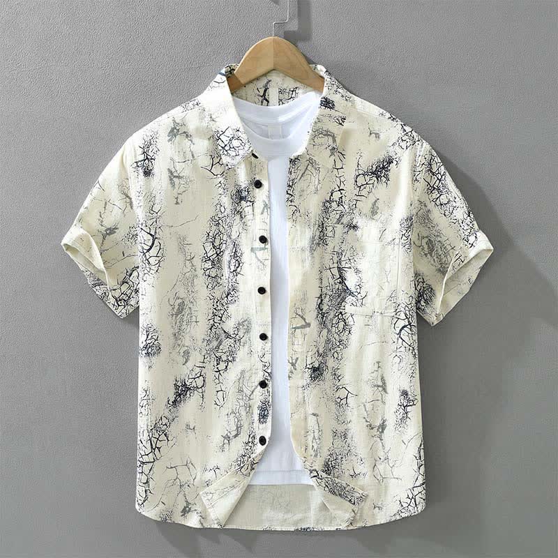Buddha Stones Camicia da uomo a maniche corte, estiva casual, con motivo astratto effetto crepato, bottoni e taschino applicato. - Seta di mais - US/UK/AU42, EU52 (3XL) - image 0