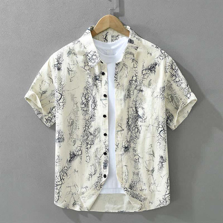 Buddha Stones Camicia da uomo a maniche corte, estiva casual, con motivo astratto effetto crepato, bottoni e taschino applicato. - Seta di mais - US/UK/AU42, EU52 (3XL) - image 0