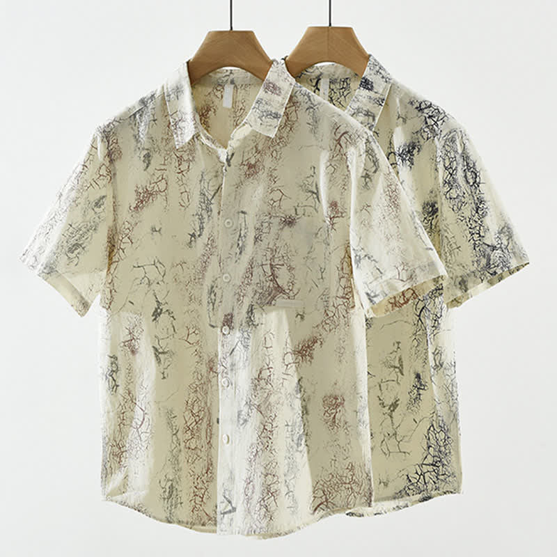 Buddha Stones Camicia da uomo a maniche corte, estiva casual, con motivo astratto effetto crepato, bottoni e taschino applicato. - image 13