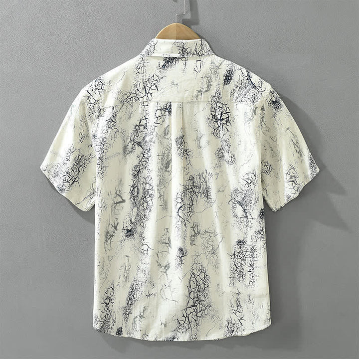 Buddha Stones Camicia da uomo a maniche corte, estiva casual, con motivo astratto effetto crepato, bottoni e taschino applicato. - image 1
