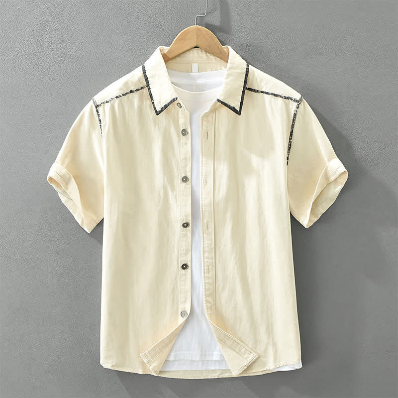Buddha Stones Camicia da uomo a maniche corte, tinta unita, con design vintage e chiusura a bottoni, ideale per l'estate. - Bianco antico - US/UK/AU42, EU52 (3XL) - image 0