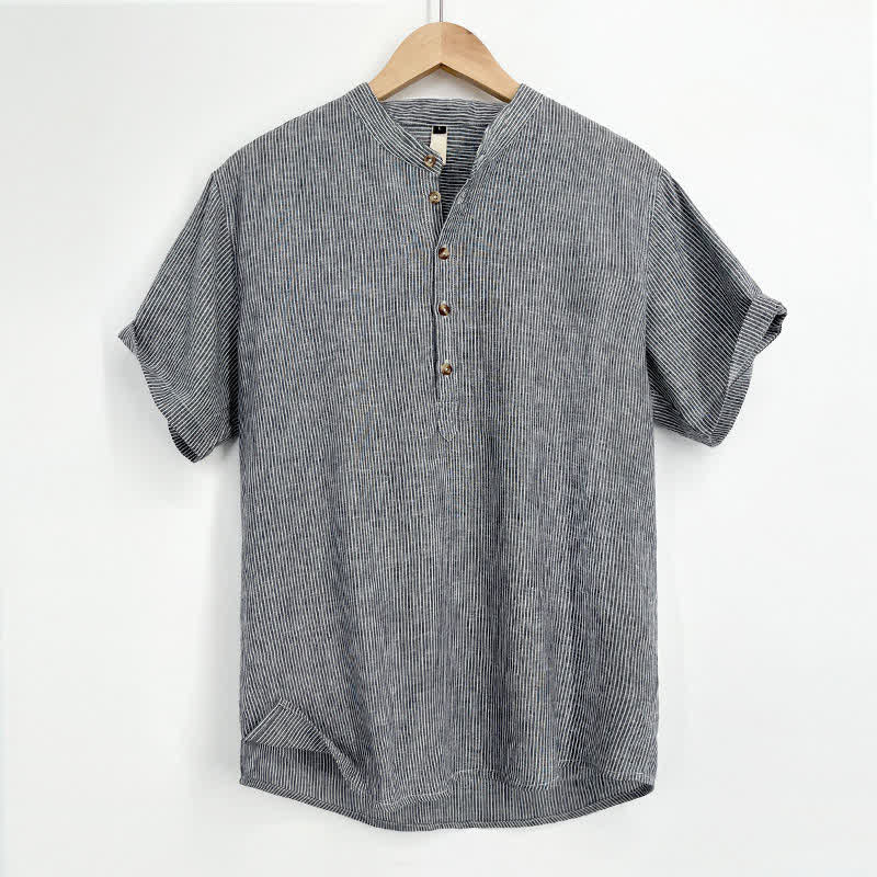 Buddha Stones Camicia da uomo estiva a maniche corte con mezza abbottonatura e righe sottili. - Blu acciaio chiaro - US/UK/AU44, EU54 (4XL) - image 11