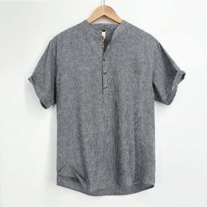 Buddha Stones Camicia da uomo estiva a maniche corte con mezza abbottonatura e righe sottili. - Blu acciaio chiaro - US/UK/AU44, EU54 (4XL) - image 11