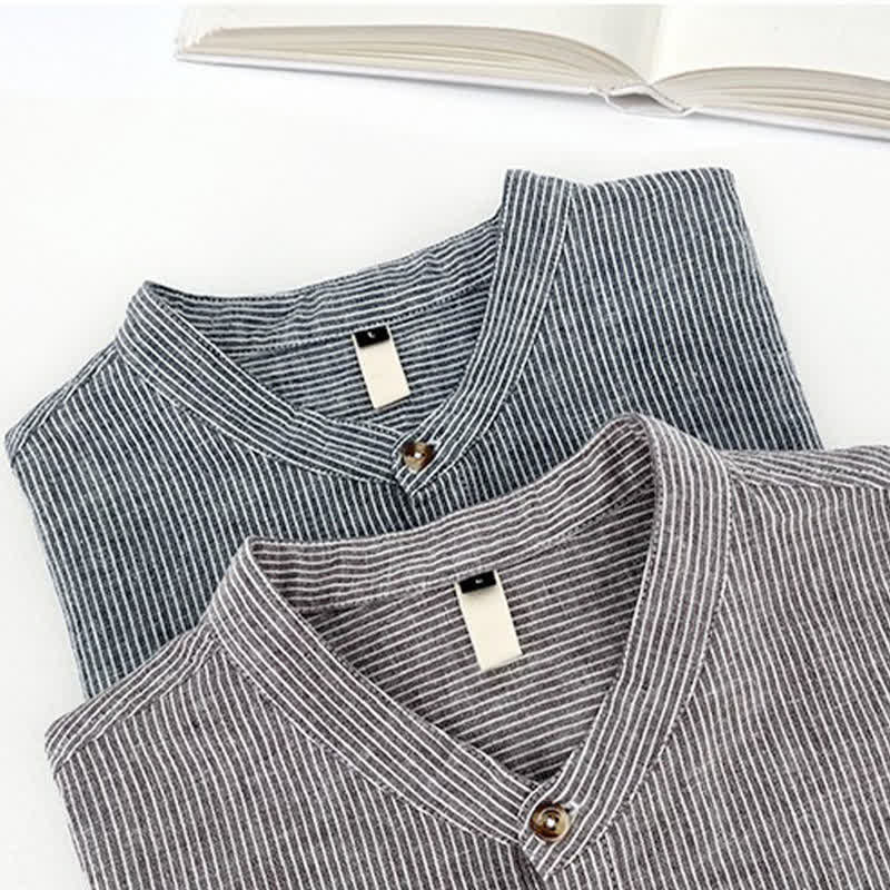 Buddha Stones Camicia da uomo estiva a maniche corte con mezza abbottonatura e righe sottili. - image 12