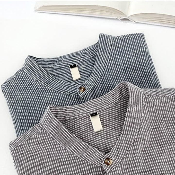 Buddha Stones Camicia da uomo estiva a maniche corte con mezza abbottonatura e righe sottili. - image 12