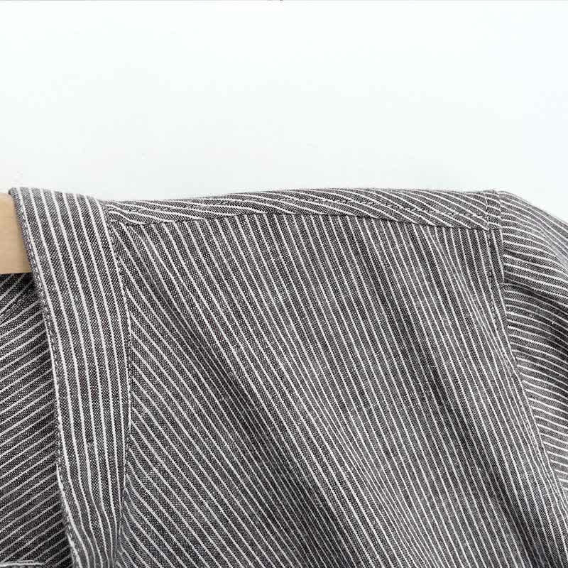 Buddha Stones Camicia da uomo estiva a maniche corte con mezza abbottonatura e righe sottili. - image 3