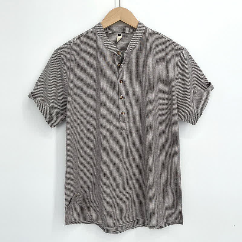 Buddha Stones Camicia da uomo estiva a maniche corte con mezza abbottonatura e righe sottili. - Tan - US/UK/AU44, EU54 (4XL) - image 0