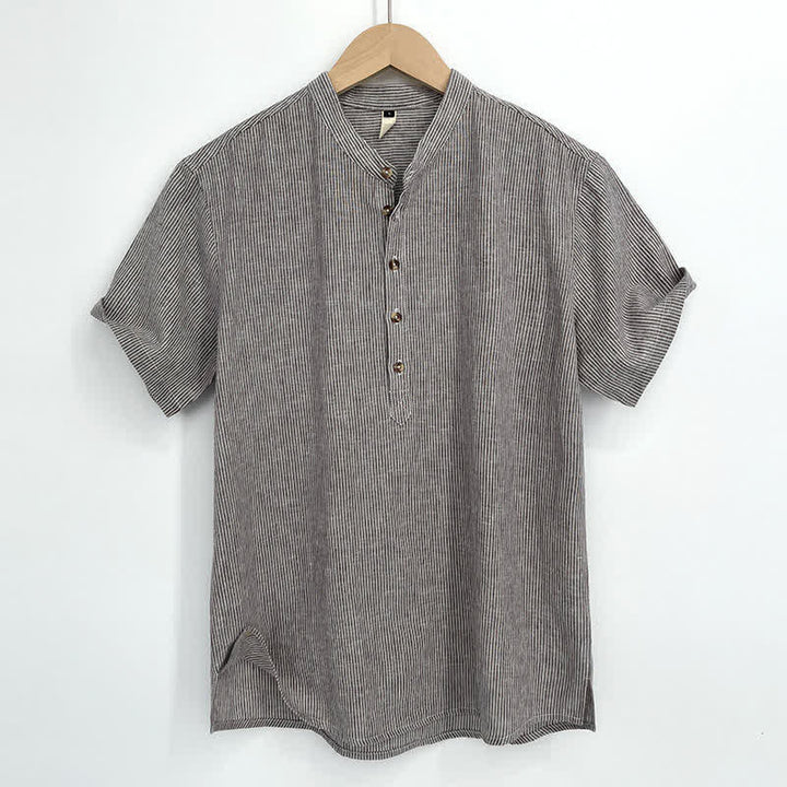 Buddha Stones Camicia da uomo estiva a maniche corte con mezza abbottonatura e righe sottili. - Tan - US/UK/AU44, EU54 (4XL) - image 0