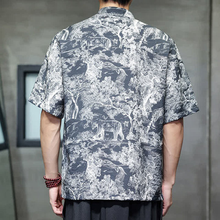 Buddha Stones Camicia da uomo a maniche corte con bottoni a forma di rana, motivo astratto e alberi, stile estivo Tang. - image 4