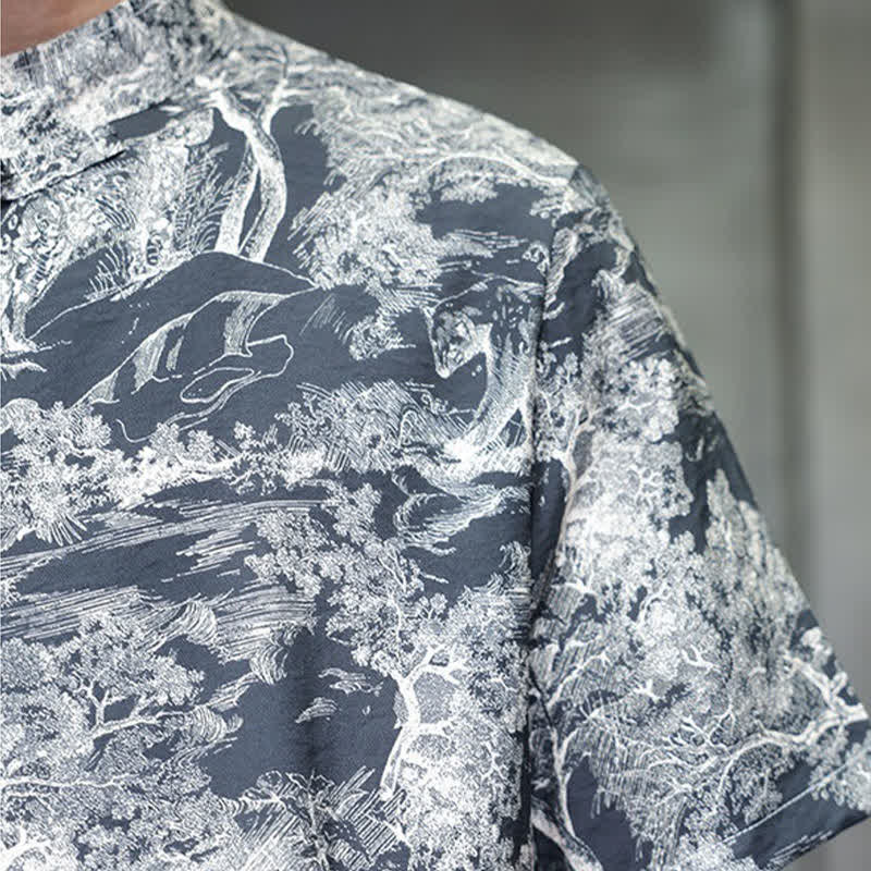 Buddha Stones Camicia da uomo a maniche corte con bottoni a forma di rana, motivo astratto e alberi, stile estivo Tang. - image 11