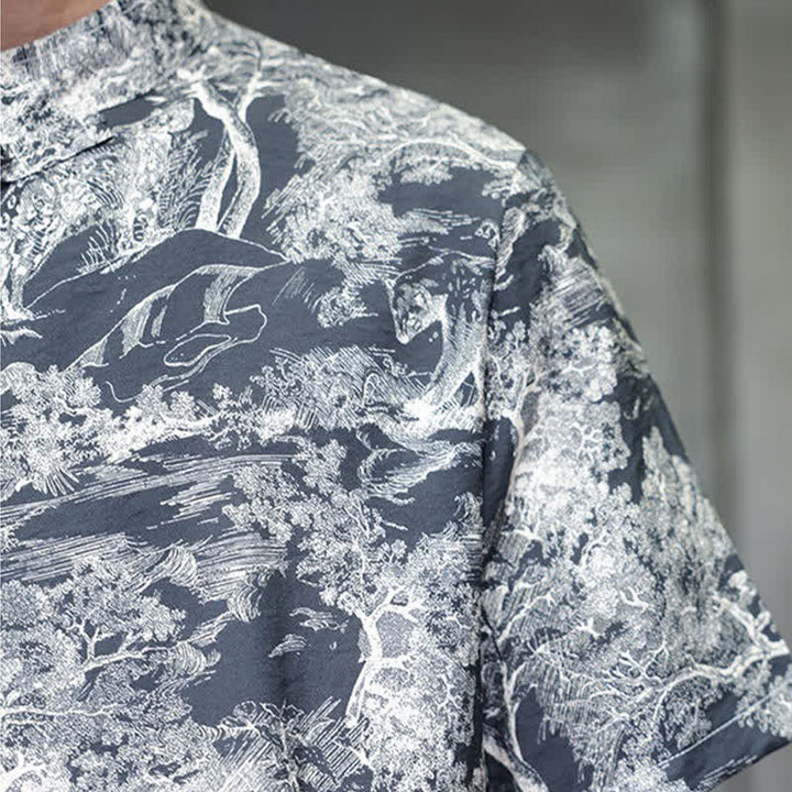 Buddha Stones Camicia da uomo a maniche corte con bottoni a forma di rana, motivo astratto e alberi, stile estivo Tang. - image 11