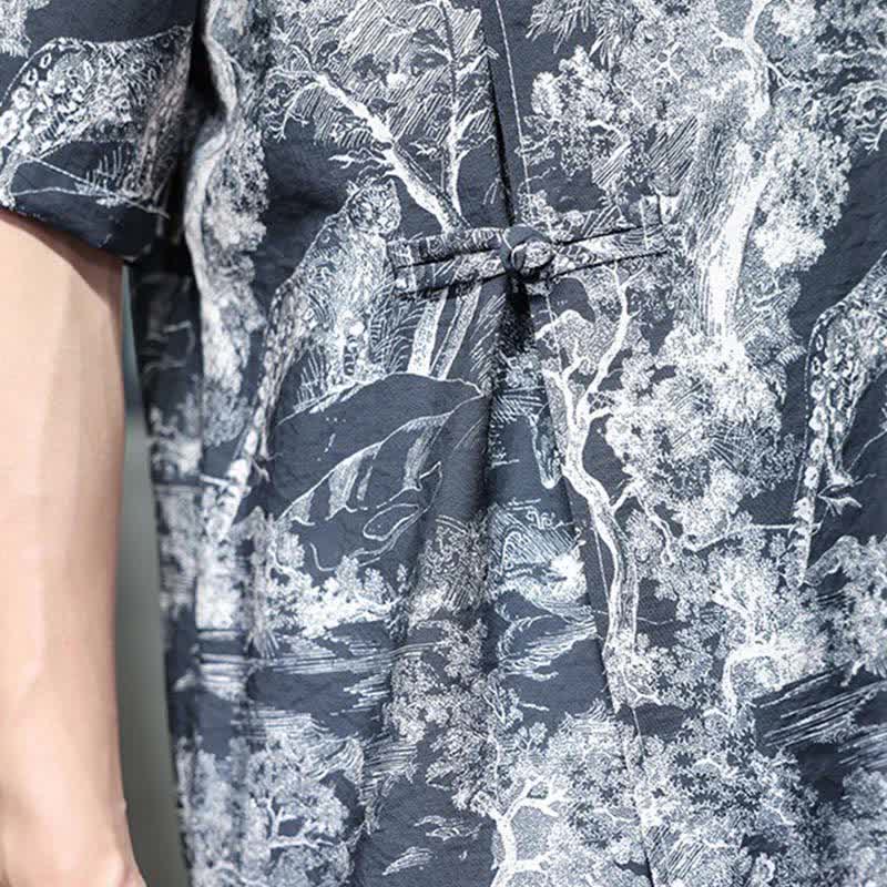 Buddha Stones Camicia da uomo a maniche corte con bottoni a forma di rana, motivo astratto e alberi, stile estivo Tang. - image 12