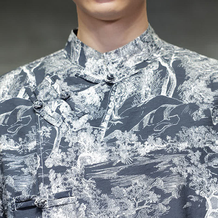 Buddha Stones Camicia da uomo a maniche corte con bottoni a forma di rana, motivo astratto e alberi, stile estivo Tang. - image 10