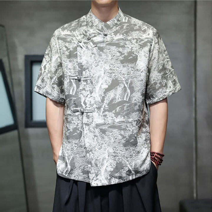 Buddha Stones Camicia da uomo a maniche corte con bottoni a forma di rana, motivo astratto e alberi, stile estivo Tang. - Grigio ardesia - US/UK/AU44, EU54 (4XL) - image 13
