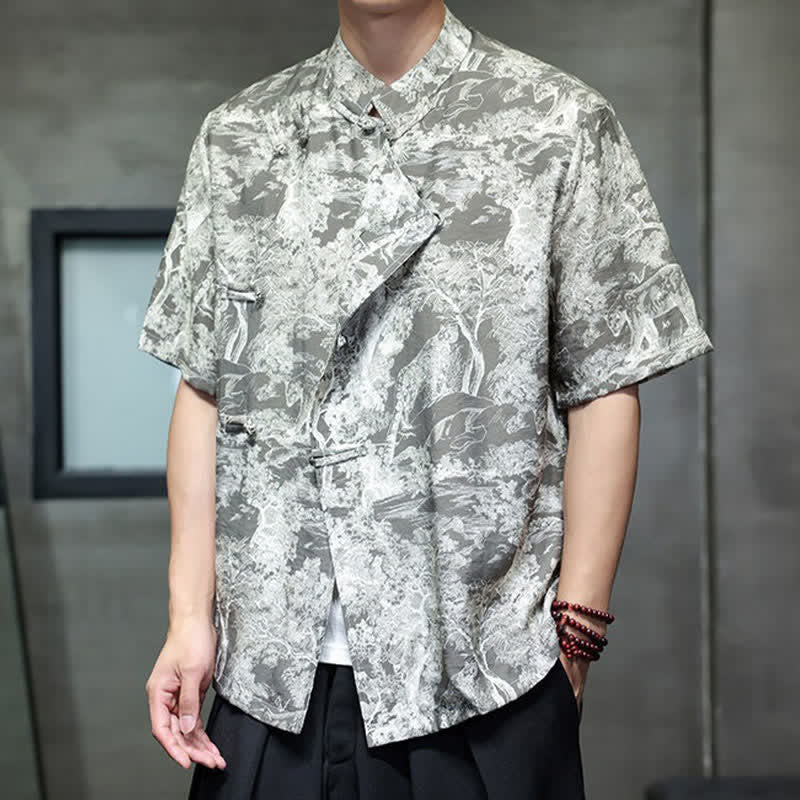 Buddha Stones Camicia da uomo a maniche corte con bottoni a forma di rana, motivo astratto e alberi, stile estivo Tang. - image 15