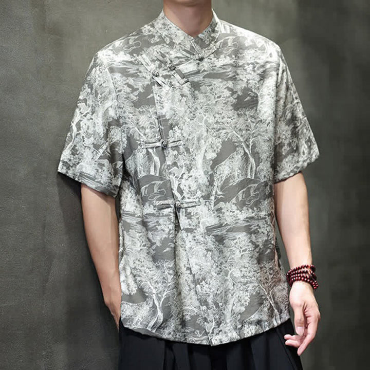 Buddha Stones Camicia da uomo a maniche corte con bottoni a forma di rana, motivo astratto e alberi, stile estivo Tang. - image 22