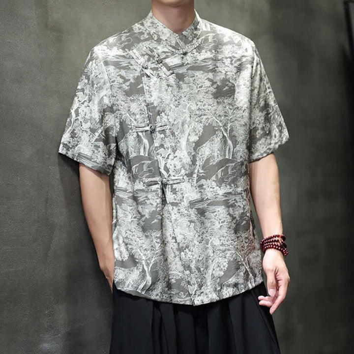 Buddha Stones Camicia da uomo a maniche corte con bottoni a forma di rana, motivo astratto e alberi, stile estivo Tang. - image 20