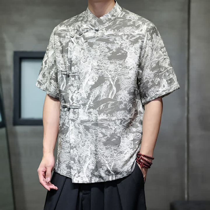 Buddha Stones Camicia da uomo a maniche corte con bottoni a forma di rana, motivo astratto e alberi, stile estivo Tang. - image 18