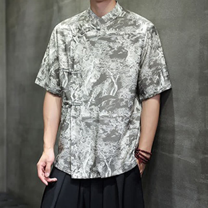 Buddha Stones Camicia da uomo a maniche corte con bottoni a forma di rana, motivo astratto e alberi, stile estivo Tang. - image 17