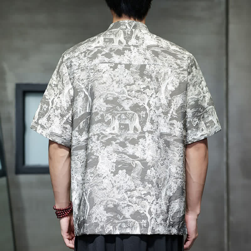 Buddha Stones Camicia da uomo a maniche corte con bottoni a forma di rana, motivo astratto e alberi, stile estivo Tang. - image 16