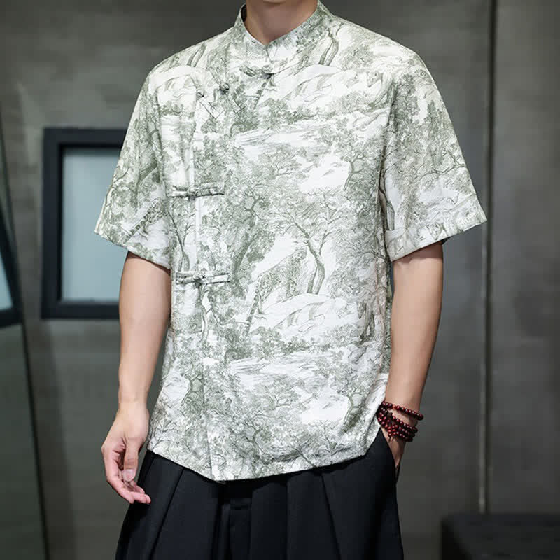 Buddha Stones Camicia da uomo a maniche corte con bottoni a forma di rana, motivo astratto e alberi, stile estivo Tang. - image 25