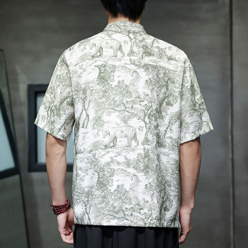 Buddha Stones Camicia da uomo a maniche corte con bottoni a forma di rana, motivo astratto e alberi, stile estivo Tang. - image 27
