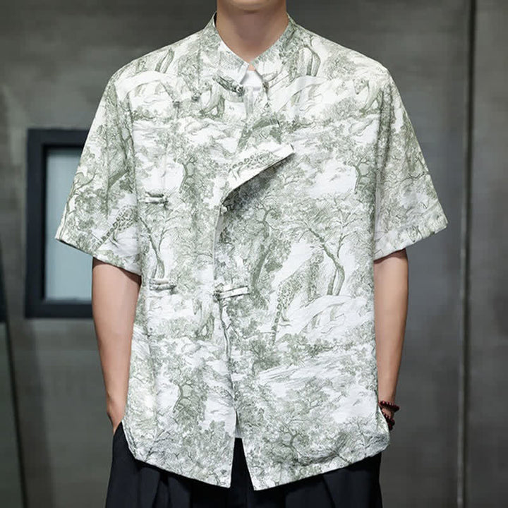 Buddha Stones Camicia da uomo a maniche corte con bottoni a forma di rana, motivo astratto e alberi, stile estivo Tang. - image 30