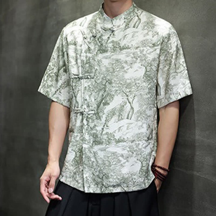 Buddha Stones Camicia da uomo a maniche corte con bottoni a forma di rana, motivo astratto e alberi, stile estivo Tang. - image 31