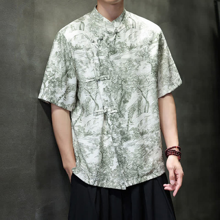 Buddha Stones Camicia da uomo a maniche corte con bottoni a forma di rana, motivo astratto e alberi, stile estivo Tang. - image 29