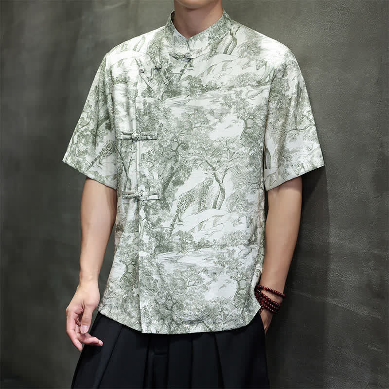 Buddha Stones Camicia da uomo a maniche corte con bottoni a forma di rana, motivo astratto e alberi, stile estivo Tang. - image 33