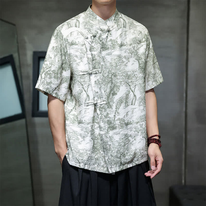 Buddha Stones Camicia da uomo a maniche corte con bottoni a forma di rana, motivo astratto e alberi, stile estivo Tang. - image 32