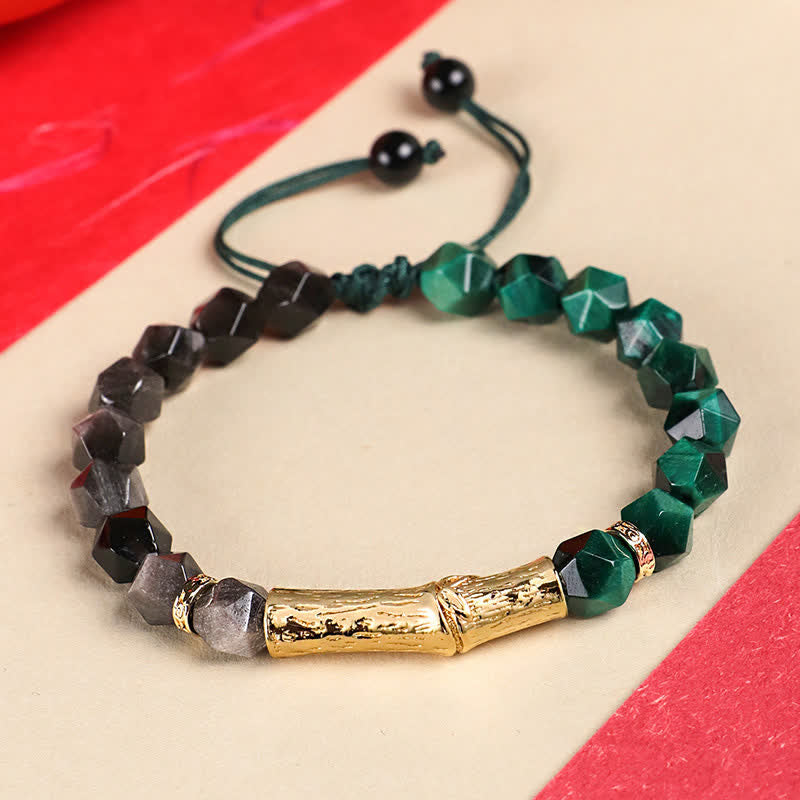 Buddha Stones Bracciale sfaccettato in ossidiana occhio di tigre con riflessi argentati e motivo a bambù. - Ossidiana con riflessi argentati e occhio di tigre verde - Occhio di tigre (Protezione♥Forza) - image 3
