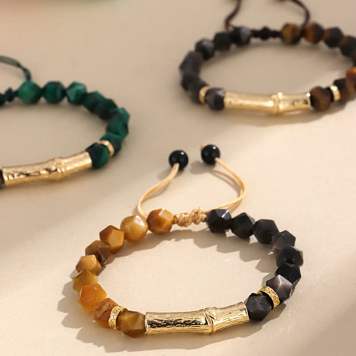 Buddha Stones Bracciale sfaccettato in ossidiana occhio di tigre con riflessi argentati e motivo a bambù. - image 12