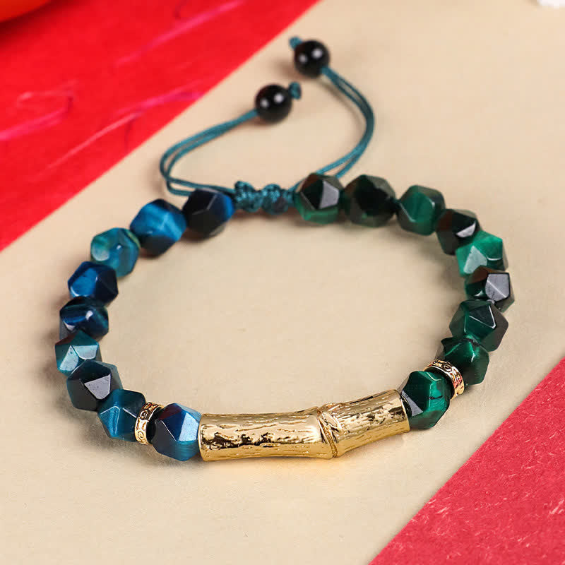 Buddha Stones Bracciale sfaccettato in ossidiana occhio di tigre con riflessi argentati e motivo a bambù. - Occhio di tigre verde e occhio di tigre blu - Occhio di tigre (Protezione♥Forza) - image 4