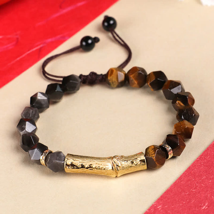 Buddha Stones Bracciale sfaccettato in ossidiana occhio di tigre con riflessi argentati e motivo a bambù. - Ossidiana con riflessi argentati e occhio di tigre giallo - Occhio di tigre (Protezione♥Forza) - image 0