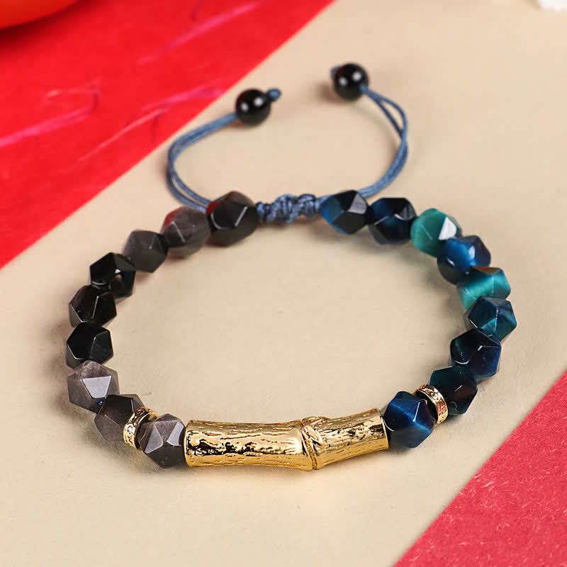 Buddha Stones Bracciale sfaccettato in ossidiana occhio di tigre con riflessi argentati e motivo a bambù. - Ossidiana con riflessi argentati e occhio di tigre blu - Occhio di tigre (Protezione♥Forza) - image 1