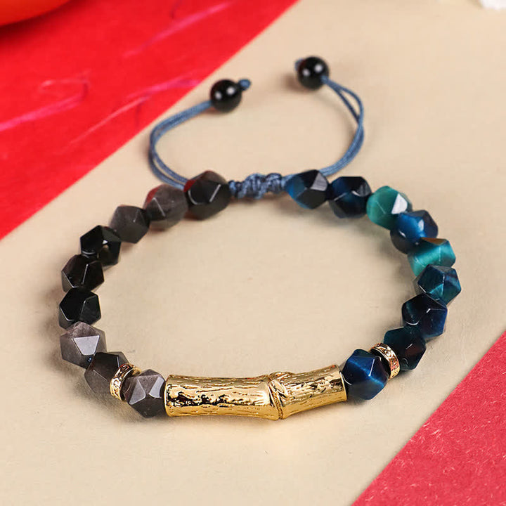 Buddha Stones Bracciale sfaccettato in ossidiana occhio di tigre con riflessi argentati e motivo a bambù. - Ossidiana con riflessi argentati e occhio di tigre blu - Occhio di tigre (Protezione♥Forza) - image 1
