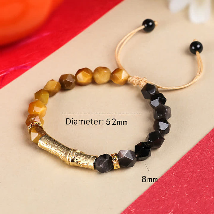 Buddha Stones Bracciale sfaccettato in ossidiana occhio di tigre con riflessi argentati e motivo a bambù. - image 10
