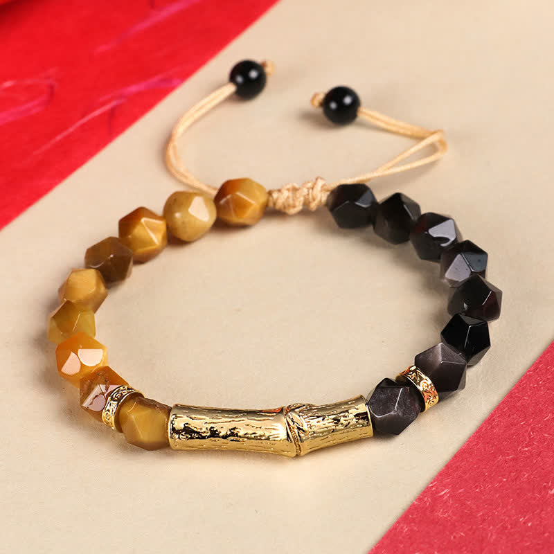 Buddha Stones Bracciale sfaccettato in ossidiana occhio di tigre con riflessi argentati e motivo a bambù. - Ossidiana con riflessi argentati e occhio di tigre dorato - Occhio di tigre (Protezione♥Forza) - image 2