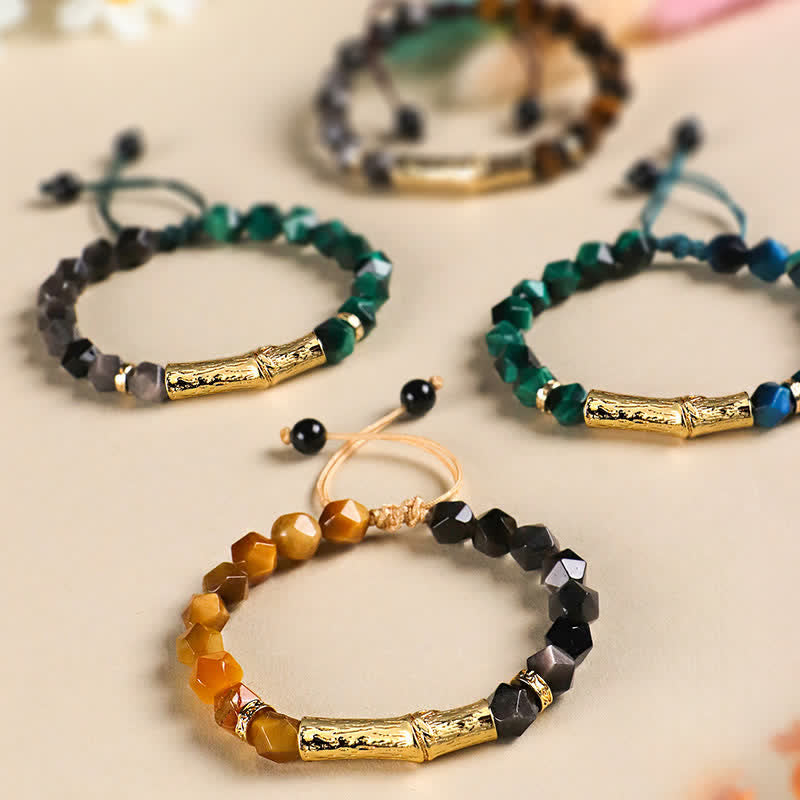 Buddha Stones Bracciale sfaccettato in ossidiana occhio di tigre con riflessi argentati e motivo a bambù. - image 13
