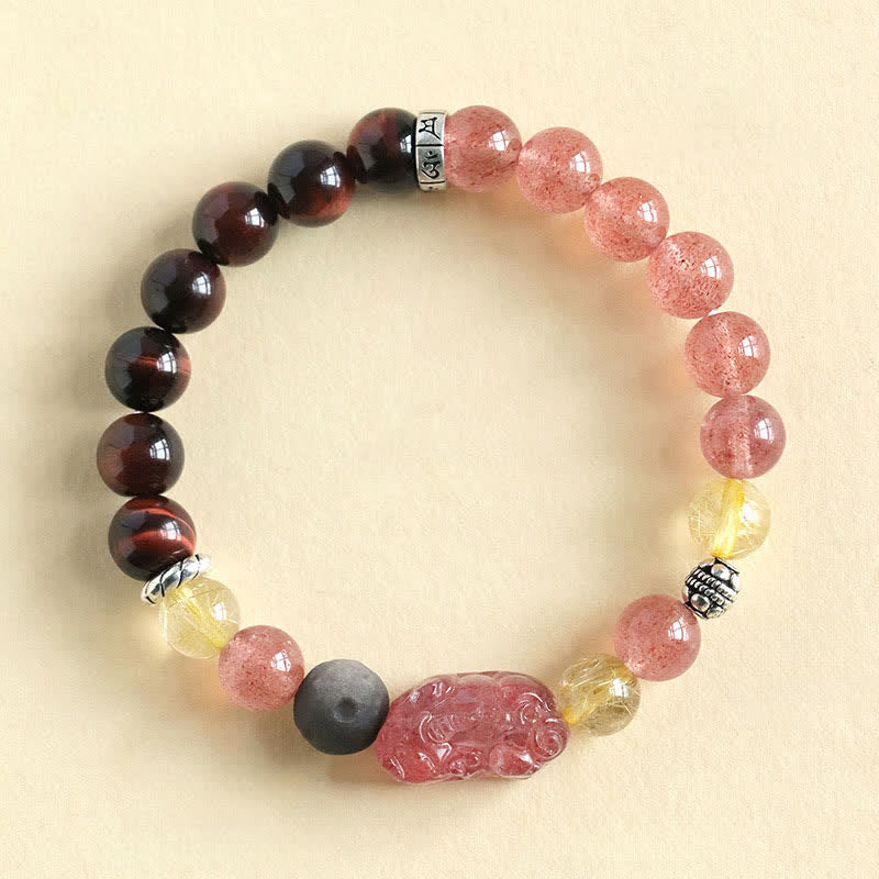 Buddha Stones Bracciale per coppie Pixiu Love intagliato a mano con quarzo fragola e ossidiana con riflessi argentati. - Quarzo Fragola (Amore ♥ Guarigione) - image 1